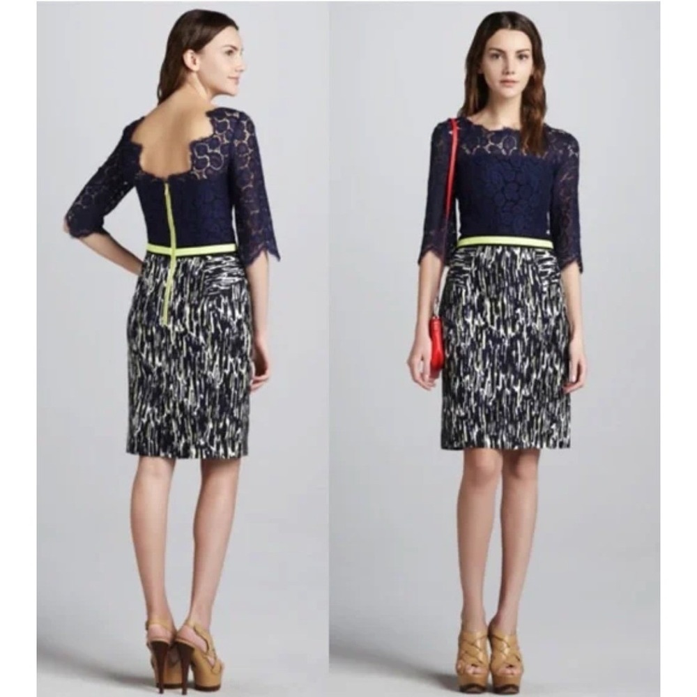 MIlly NY Simone Navy Lace Scalloped‎ Neck Sheath Dress office to evening   4